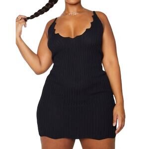 PrettyLittleThing Black Ribbed Scallop Trim Mini Dress